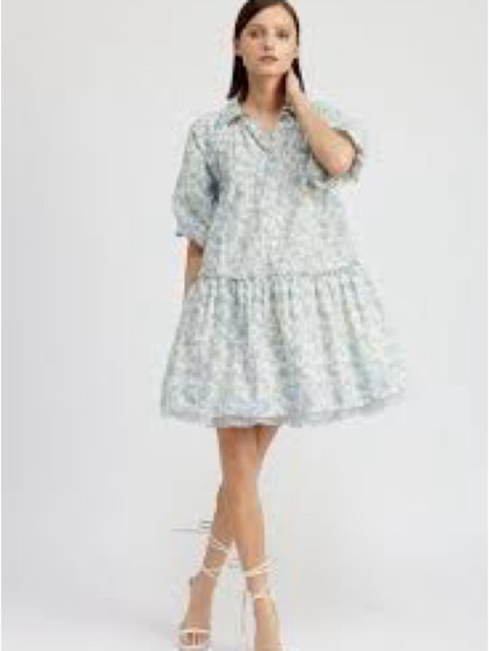 En Saison Egret Mini Dress Women Large White Blue NWT Floral Toile Babydoll